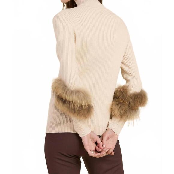 NEW TYLER BOE cosette cotton cashmere mock neck faux fur sweater in limestone - Picture 4 of 5